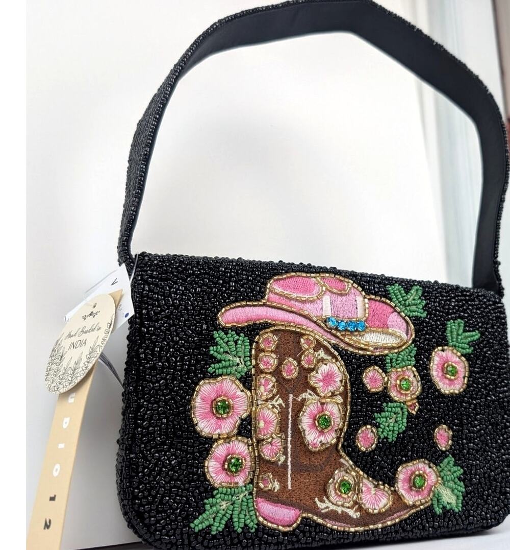 Beaded Cowgirl Western Shoulder Bag Y2K Cowboy Boot Hat Florals Hand Beaded NEW